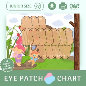 Pode incluir: Um gráfico de remendo para o olho colorido com um gnomo de desenho animado e um design de cogumelo. O gráfico inclui os números de 1 a 18. O texto "JUNIOR SIZE <2y" e "+2 BONUS 7-DAY CHARTS!" também está incluído.