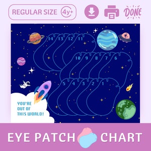 Pode incluir: Um gráfico de remendo para o olho azul e branco com um tema espacial. O gráfico apresenta planetas, estrelas, um foguete e um astronauta. Os números de 1 a 14 estão impressos no gráfico. O texto "You're out of this world!" está impresso no gráfico.