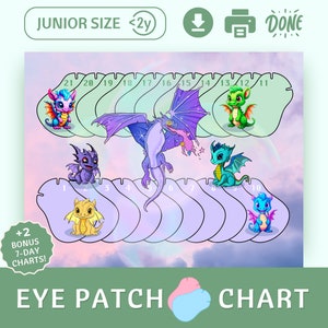 Puede incluir: Un gráfico de parche para el ojo colorido con lindos dragones de dibujos animados. El gráfico incluye 21 parches, numerados del 1 al 21, con un gráfico de 7 días adicional. El gráfico está diseñado para niños menores de 2 años.