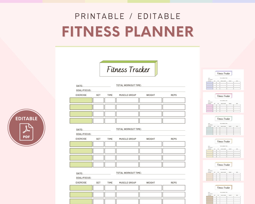 Exercise Tracker Template 7color Bundle, Fitness Tracker PDF Printable
