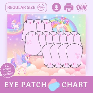 Puede incluir: Un gráfico de parche para el ojo con temática de unicornio imprimible con 14 espacios para pegatinas u otras marcas. El gráfico presenta un arcoíris, nubes y estrellas. Incluye el texto "REGULAR SIZE (4y+" y "+2 BONUS 7-DAY CHARTS!" y "EYE PATCH CHART".