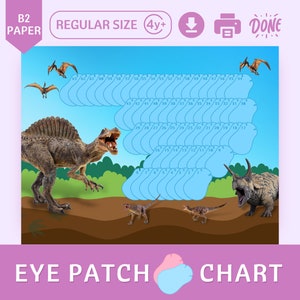 Pode incluir: Um gráfico de remendo para o olho azul e rosa com os números de 1 a 47. O gráfico apresenta dinossauros, incluindo um Spinosaurus e um Triceratops. O texto "EYE PATCH CHART" está na parte inferior do gráfico.