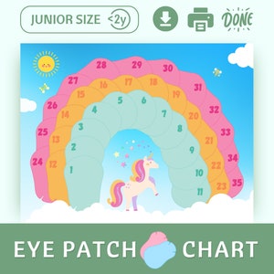 May include: A colorful rainbow eye chart with numbers 1 through 35 arranged in a semi-circle. A unicorn with a pink mane and tail is in the center of the chart. The chart is labeled "Eye Patch Chart" and "Junior Size <2y".