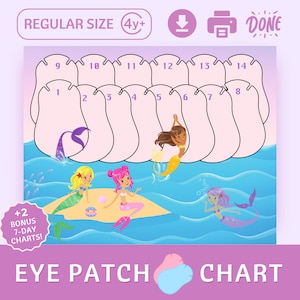 Pode incluir: Um gráfico de tapa-olho com tema de sereia. O gráfico apresenta uma série de espaços numerados, com ilustrações de sereias nadando no oceano. As palavras "Eye Patch Chart" estão na parte inferior, com "Regular Size (4y+)" no topo.