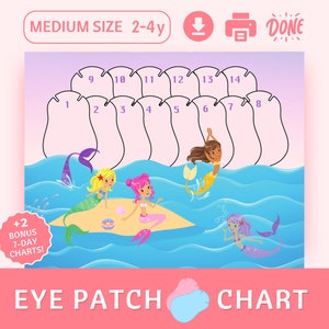 Könnte beinhalten: Ein druckbarer Augenklappen-Chart mit Meerjungfrauen-Motiv. Der Chart hat 14 Felder für Sticker oder andere Markierungen. Der Chart ist für Kinder im Alter von 2-4 Jahren konzipiert. Er enthält +2 Bonus-7-Tage-Charts.