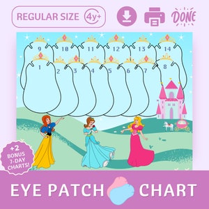 Pode incluir: Um gráfico de remendo para o olho imprimível com tema de princesa. O gráfico tem 14 espaços para marcar os dias, com um design de coroa e os números de 1 a 14. O gráfico também inclui um castelo, uma carruagem e três princesas.