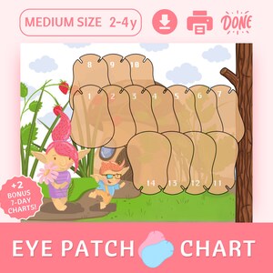 Puede incluir: Un gráfico de parche para el ojo imprimible con un gnomo y una ardilla de dibujos animados. El gráfico tiene 14 parches para el ojo numerados del 1 al 14. El gráfico está diseñado para niños de 2 a 4 años. El texto "+2 BONUS 7-DAY CHARTS!" está en un círculo rosa en la esquina inferior izquierda del gráfico. El texto "EYE PATCH CHART" está en la parte inferior del gráfico.