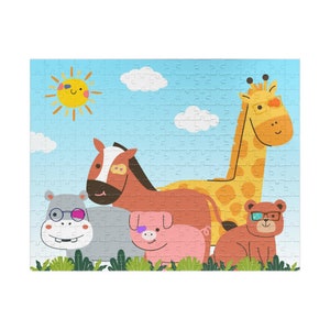 May include: A colourful jigsaw puzzle featuring a giraffe, horse, pig, and hippopotamus wearing sunglasses. The animals are standing in a grassy field with a blue sky and a yellow sun in the background.