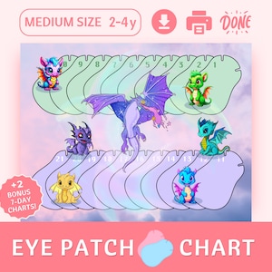 May include: A colourful eye patch chart featuring cartoon dragons with numbers 1-21. The chart is designed for children aged 2-4 years old and includes two bonus 7-day charts.