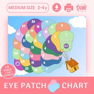 Pode incluir: Um gráfico de tapa-olhos para crianças de 2 a 4 anos, com um design de balões coloridos numerados de 1 a 31. Inclui um pequeno gráfico de uma casa e o texto "Eye Patch Chart".