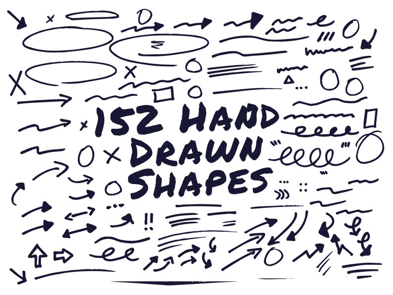 May include: A collection of 152 hand-drawn shapes, including circles, squares, arrows, lines, and squiggles. The shapes are drawn in black ink on a white background.