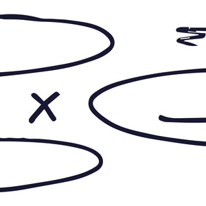 May include: A black and white illustration of a cross with two overlapping circles above it. A squiggly line is in the upper right corner of the image.
