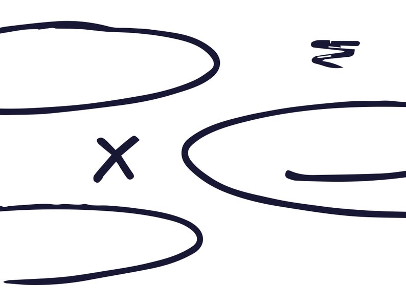 May include: A black and white illustration of a cross with two overlapping circles above it. A squiggly line is in the upper right corner of the image.