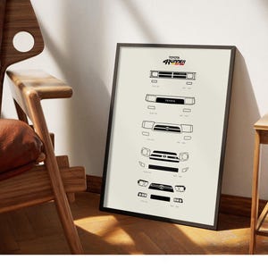May include: A black and white framed print of a Toyota 4Runner with the text "Toyota 4Runner" at the top. The print shows different generations of the 4Runner, starting with the first generation and ending with the current generation.
