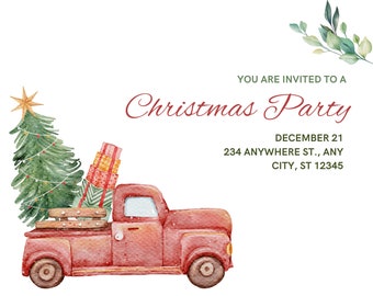 Personalized Christmas Party Invitation Template, Christmas Truck Tree, Printable Editable Template, Christmas invitations digital download