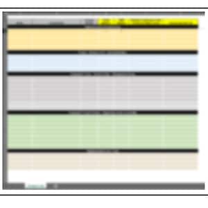 May include: A spreadsheet with multiple rows and columns. The spreadsheet is divided into sections with different colored backgrounds. The sections are yellow, light blue, gray, green, and beige.