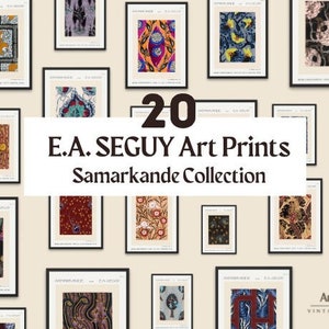 May include: A collection of 20 art prints featuring intricate patterns and designs. The prints are framed in black and arranged in a grid pattern on a cream-colored background. The text "E.A. SEGUY Art Prints Samarkande Collection" is displayed in a black banner at the top of the image.