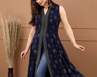 Vestido Kurti con abertura frontal de rayón azul: vestido de fiesta sin mangas