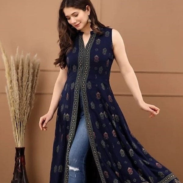 Dark blue front open kurti ,women,stylish gown