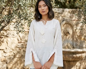 Top de túnica bordado a mano de algodón blanco Chikankari Kurta / Lucknowi