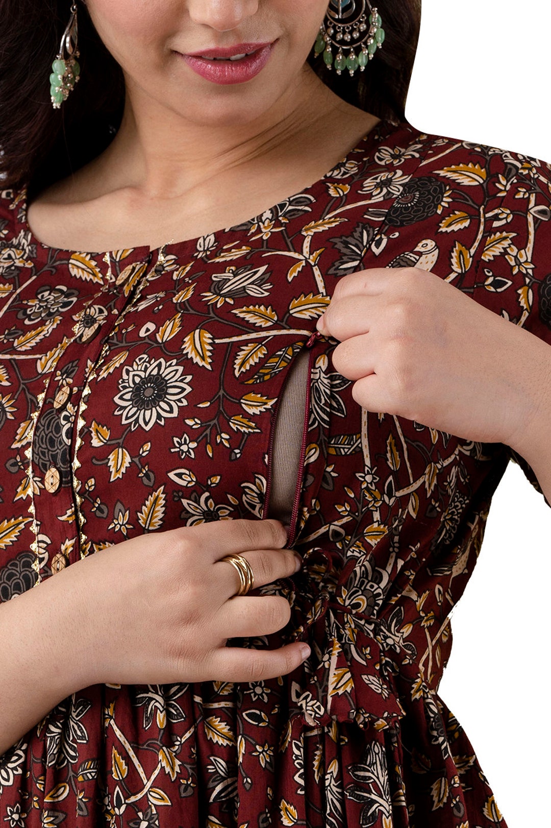 Maternity Designer Maroon Floral Kurti for Womans ,baby/breastfeeding Kurti,maternity Shoot,long