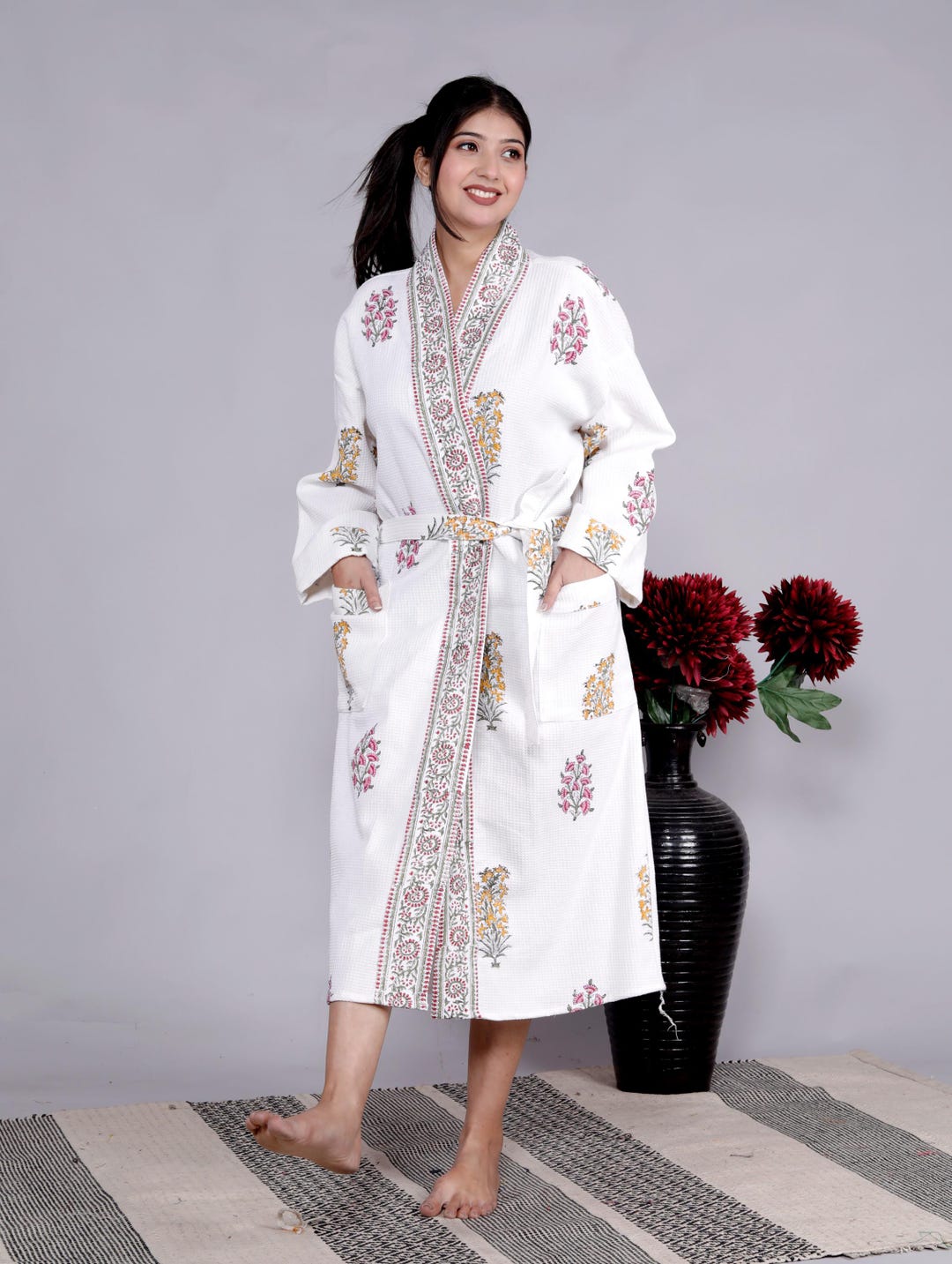 Hand Block Print Robe, Elegant Pockets Dressing Gown, Women's Waffle ...