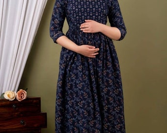 Zwangerschaps ontwerper inkt blauwe Kurti voor dames, baby/borstvoeding Kurti, moederschap shoot, lange Kurti, etnische bruiloft outfit, Punjabi jurk