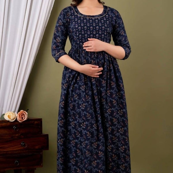 Maternité Designer encre bleu Kurti pour femme, bébé/allaitement Kurti, séance de maternité, Long Kurti, tenue de mariage ethnique, robe Punjabi