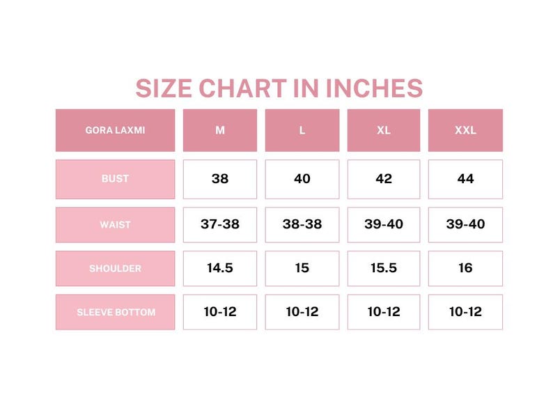 Puede incluir: Tabla de tallas en pulgadas para ropa, con medidas de busto, cintura, hombros y bajo de manga. Tallas M, L, XL y XXL, con medidas de busto de 96,5 cm a 111,8 cm. La tabla es para Gora Laxmi.