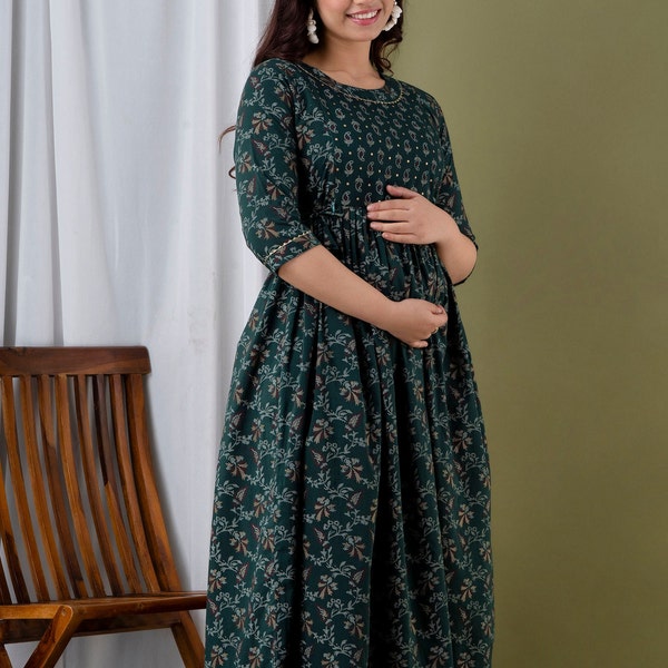 Dark green Kurti For Womans ,Baby/Breastfeeding Kurti,Maternity Shoot,Long Kurti, Ethnic Wedding Outfit, Punjabi Dress