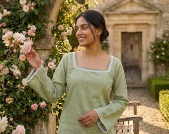 Kurti de lino y algodón: kurti indio verde, holgado y cómodo, de manga larga.