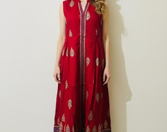 Vestido de rayón rojo: vestido sin mangas con abertura frontal, ropa informal de fiesta