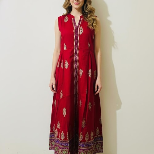 Red Rayon Dress: Front Slit Sleeveless Gown, Party Casual Wear