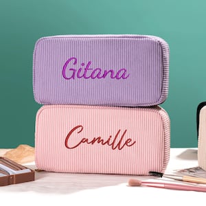 Bolsa de maquillaje de pana personalizada, bolsa de cosméticos portátil de viaje, bolsa de maquillaje bordada, regalos de despedida de soltera, regalos de despedida de soltera