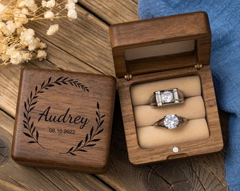 Caja de anillo de boda personalizada Caja de anillo de madera personalizada Caja de anillo de compromiso Portador de anillo Caja de anillo de doble ranura Propuesta Soporte de anillo grabado