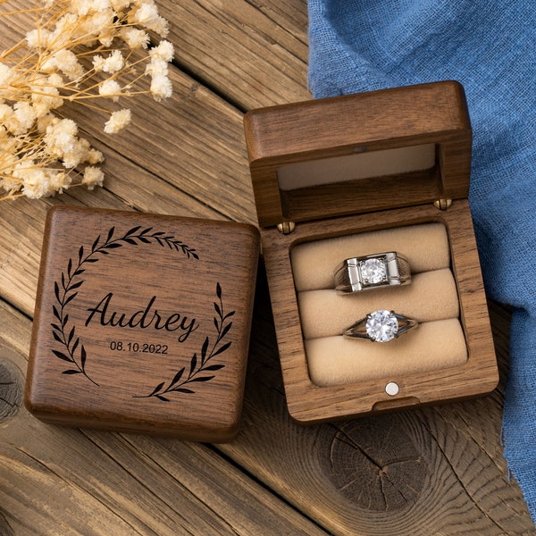 Personalisierte Hochzeit Ring Box Benutzerdefinierte Holz Ring Box Verlobungsring Box Ringträger Doppel Slot Ring Box Vorschlag Gravierte Ringhalter
