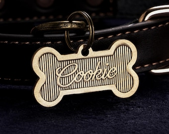 Brass Bone Dog Tag, Dog ID Tag, Custom Engraved Dog Name Bone Tag with Phone Number, Personalized Pet Tag, Dog Collar Tag With Name,Dog Gift