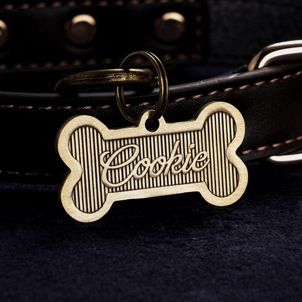 Placa de identificación de hueso de latón, placa de identificación de perro, placa de identificación de hueso grabada personalizada con nombre de perro y número de teléfono, placa de identificación personalizada para mascota, placa de collar de perro con nombre, regalo para perro