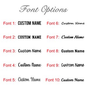 Może przedstawiać: Na białym tle wyświetlono "Font Options" w szarym skrypcie. Pokazano dziesięć styl&oacute;w czcionek, każdy z "Custom Name" w r&oacute;żnych czcionkach. Numery czcionek 1, 2, 3, 8 są pogrubione. Numery czcionek 1-5 są czerwone.