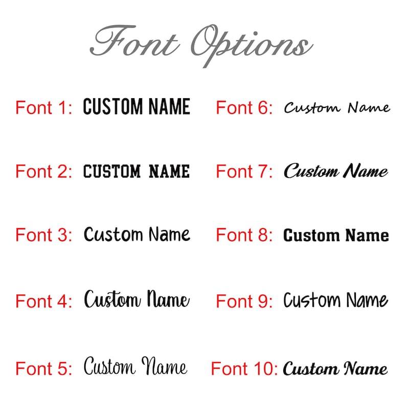 Może przedstawiać: Na białym tle wyświetlono "Font Options" w szarym skrypcie. Pokazano dziesięć styl&oacute;w czcionek, każdy z "Custom Name" w r&oacute;żnych czcionkach. Numery czcionek 1, 2, 3, 8 są pogrubione. Numery czcionek 1-5 są czerwone.