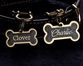 Engraved Brass Pet Tag, Custom Bone ID Tag, Dog Collar Tag, Resin Pet ID Tag, Dog Tag with Address, Small Dog Tag, Glitter Black Pet Tag