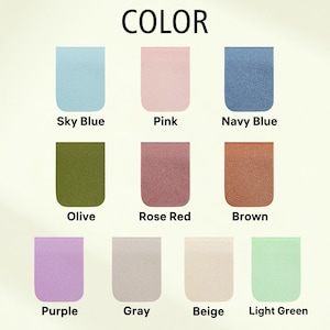 May include: A colour chart showing nine colours: sky blue, pink, navy blue, olive, rose red, brown, purple, grey, beige, and light green. Each colour is in a rounded rectangle, labelled with its name.