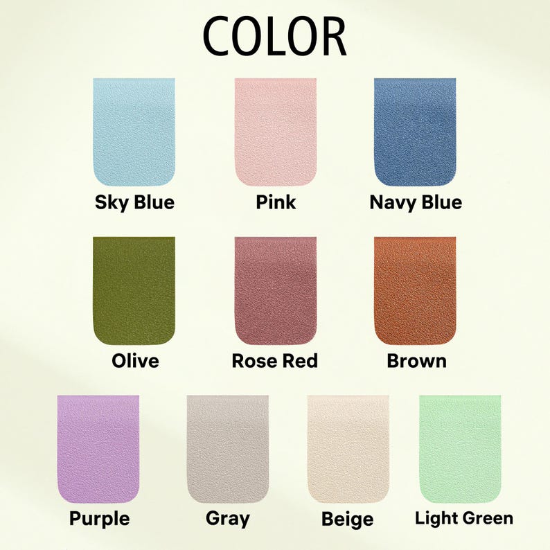 May include: A colour chart showing nine colours: sky blue, pink, navy blue, olive, rose red, brown, purple, grey, beige, and light green. Each colour is in a rounded rectangle, labelled with its name.