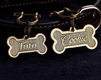 Custom Engraved Brass Dog Tag, Pet Name Tags, Pet ID Tag, Bone Dog Name Tag, Personalized Dog Tag, Deep Engraved Dog Tag, Pet Collar Tag