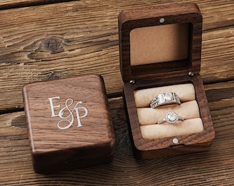 Personalized Metal Inlay Wooden Ring Box, Proposal Ring Bearer Box for Wedding Ceremony, Double Slot Brass Inlay Ring Box, Engagement Gift