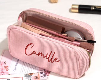 Borsa per il trucco ricamata personalizzata, borsa per cosmetici ricamata, borsa per il trucco in velluto a coste, regalo per damigella d'onore, regalo per lei, pochette da viaggio per il trucco