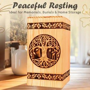 Personalized Tree of Life Wooden Urn for Ashes | Pine Wood Keepsake Cremation Urn Box | Engraved Memorial Urn for Human or Pet Ashes