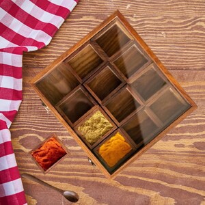 Handmade Wooden Spice Box with 12 Container Glass Lid for Kitchen - Spice Organizer -Container Jars  & Masala Box. Best Gift For Christmas