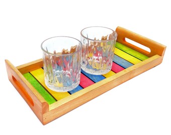 Wooden Rainbow Rectangle Tray, Colorful  Wooden tray, Cute Kitchen Drink Tray, Candy Swirl Patterned Tray, Housewarming Gift, Tea Tray