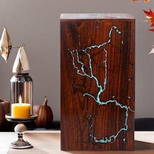 Palisander Urne für die menschliche Asche, Haustier Asche, elegante Holzurne, Urne für Erwachsene mit aquablauem Harzmuster